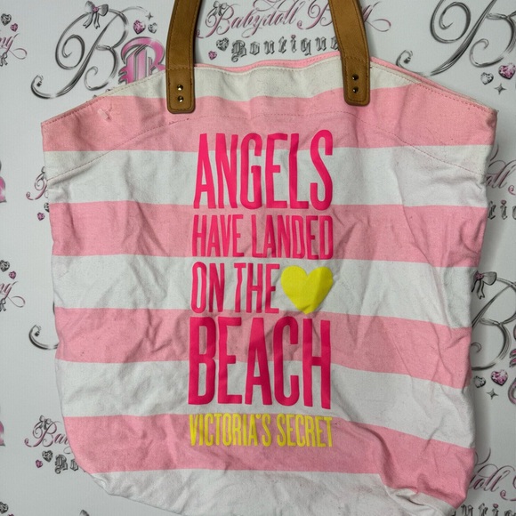 Victoria’s Secret beach tote bag striped pink neon angels have landed at the - Picture 2 of 6